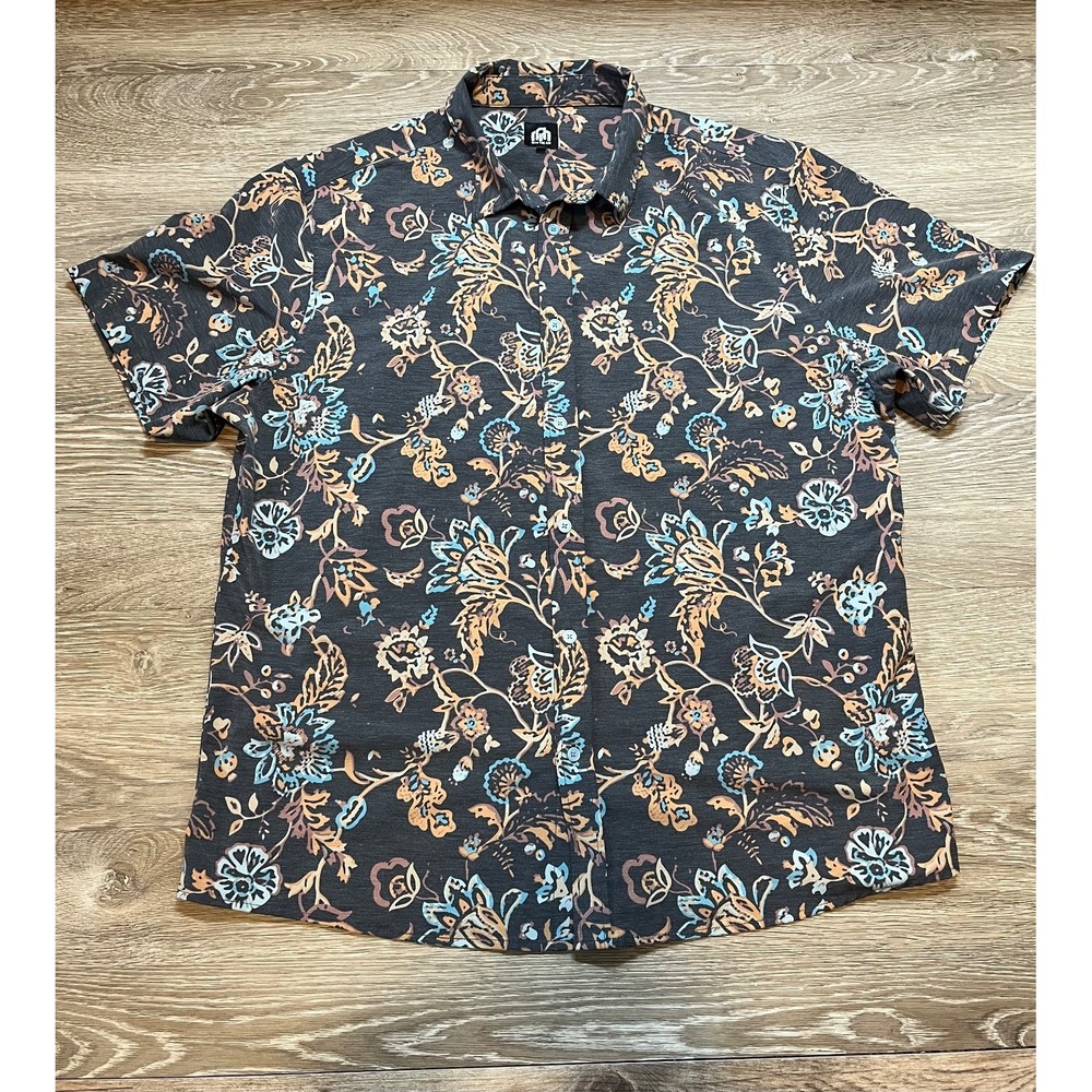 Into The AM Floral Relaxed Button Up Shirt Men's XL Black Orange Blue Short Slee